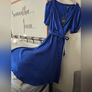 DKNY Satin Dress Wrap MIDI Size 12 Cobalt Blue
